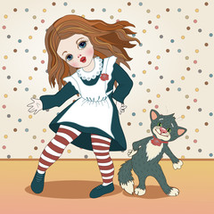 Girl in a school dress with a white apron and a cat dancing on a polka dot wallpaper background, color vector illustration in vintage style