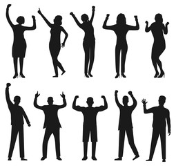 Silhouette of ahappy woman and men. Women and men silhouettes isolated on white background. Vector, cartoon illustration