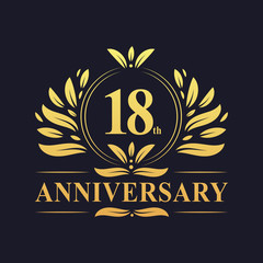 18th Anniversary logo, luxurious golden color 18 years Anniversary logo design celebration.