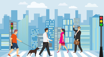 People cross the crosswalk. A group of characters crosses a pedestrian crossing on a cityscape background. Vector, cartoon illustration.