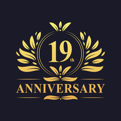 19th Anniversary logo, luxurious golden color 19 years Anniversary logo design celebration.