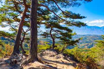 Kofu. Japan. Autumn canyon. Shosenkyo Gorge. Landscape of the Japanese gorge. View of the Shosenkyo Gorge from the cliff. Nature of the city of Kofu. Kofu on the background of blue sky. Japan nature