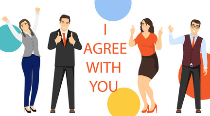 I agree with you. A group of mini characters of people gives their consent to a profitable cooperation. Partnership consent concept vector illustration. - obrazy, fototapety, plakaty