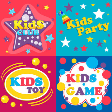 Kids game banner. Toys, kids club, kids play area. Entertainment, parties, fun pastime. Vector illustration