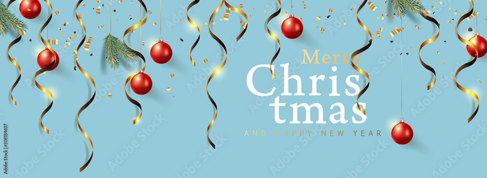 Wall mural christmas ornament hanging banner background .celebration quotation for card.vector illustration.