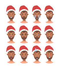 Drawing emotional african american character with Christmas hat. Cartoon style emotion icon. Flat illustration boy avatar with different facial expressions. Hand drawn vector emoticon man faces