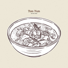 Tom Yum soup, Thai Food. hand draw sketch vector.