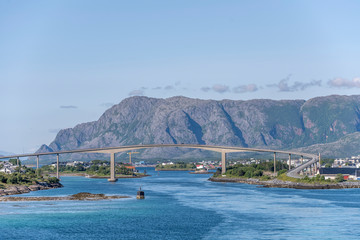 high bridge on fjord with bending ramp, Bronnoysund, Norway