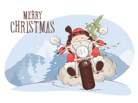 Christmas card -- Santa biker / Vector illustration, Santa Claus on chopper with gifts and trees	