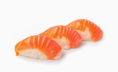Salmon sushi on white background.