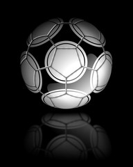Pallone da calcio su sfondo nero con riflesso