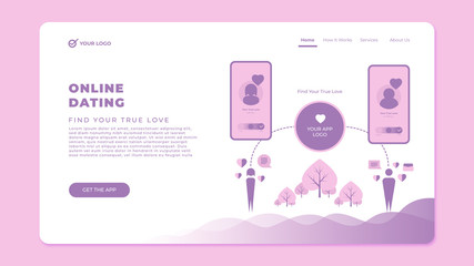 Online Web Dating Website Landing Page, Man Woman Going Out of Huge Smartphone Screen, Pink, Human Relations People Meeting in Internet, Web Page. Flat Vector Illustration, Banner