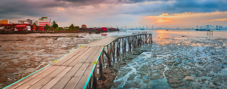 Sunrise at Penang. Yeoh jetty on the foreground , Malaysia. Panorama