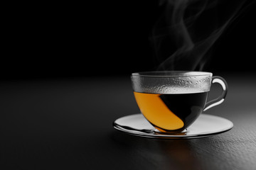 A cup of nice hot tea in a dark rooom