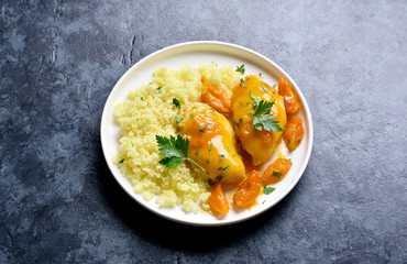 Chicken breasts in apricot sauce and couscous