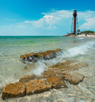 Old rusty metal lighthouse on Black Sea coast