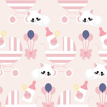 beautiful kitten and baby girl elements in a seamless pattern design