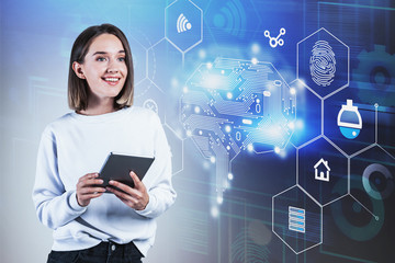 Casual young woman with tablet, AI