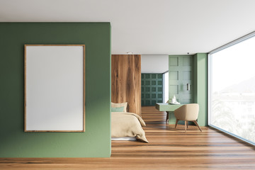 Green and wood bedroom with vertical poster