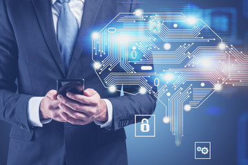 Businessman with smartphone, AI brain