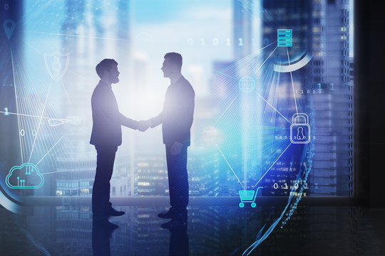 Business partners in city, big data interface