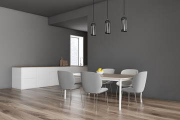 Gray kitchen and dining room corner