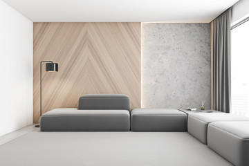 Wooden and concrete living room with sofa