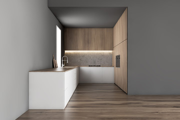 Fototapeta na wymiar Gray kitchen interior with white countertops
