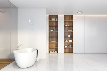 Fototapeta na wymiar Wood and grey bathroom, tub and shower, side view