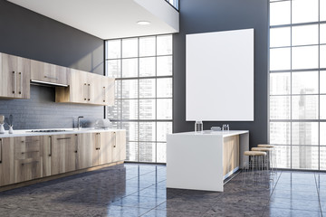 Gray kitchen corner with bar and poster