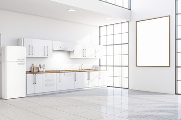 White kitchen corner with fridge and poster