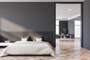 Gray master bedroom and dining room