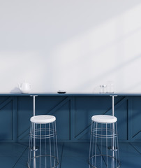 Minimalistic blue and white bar interior