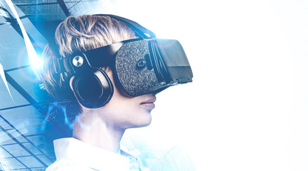 Businesswoman in VR glasses in city