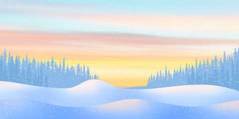 Fantasy on the theme of the winter landscape. Dawn sky and snow drifts. Vector illustration, EPS10