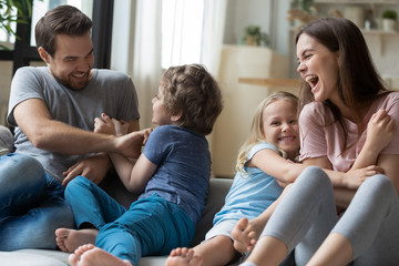 Happy family having fun playing spend weekend together at home