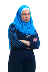 Beautiful Sad Muslim Woman Isolated on White Background