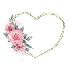 Gold glitter geometry frame heart decorated with a bouquet composition of pink roses and alstroemeria flowers.