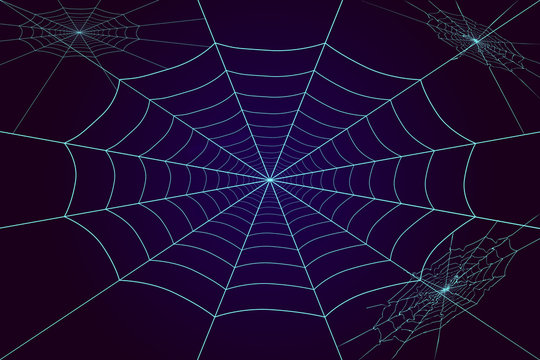 Spider web on dark background. Shining cobweb halloween symbol isolated on blue and purple background. Stock vector illustration. EPS 10