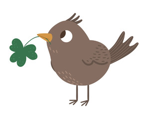 Vector flat funny bird with shamrock in its beak. Cute St. Patrick’s Day illustration. National Irish holiday icon isolated on white background..