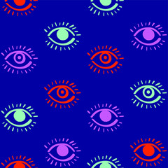 The Third Eye. Pop arty vibrant seamless pattern. Wide open human eyes, stylized simple linear vector. Trendy hand drawn graffiti style. Cool icons, trendy colors. Hip decor, wrapping paper, wallpaper