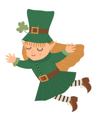 Vector flat funny fairy in green traditional clothes and hat with shamrock. Cute St. Patrick’s Day illustration. National Irish holiday icon isolated on white background..