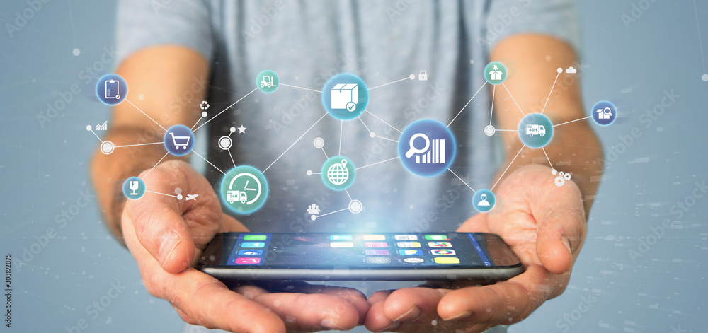 Poster businessman holding a logistic organisation with icon and connection 3d rendering