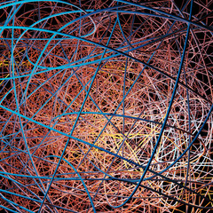 Abstract neon burning plexus lines glowing on black background. Closeup high volumetric colorful 3D render.