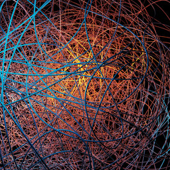 Abstract neon burning plexus lines glowing on black background. Closeup high volumetric colorful 3D render.
