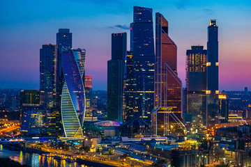 Moscow skyline. Russia. Moscow district of skyscrapers. Night panorama of Moscow. Skyscrapers of the capital aerial view. Presnenskaya embankment. Guide to Russia. City landscape in Russia.