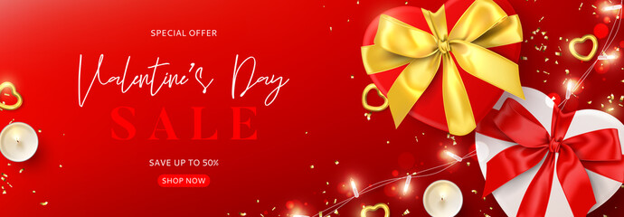 Promo banner for Valentine's Day sale. Vector illustration with realistic gift boxes, candles, sparklink light garland, gold hearts and confetti on red background. Promo discount banner.