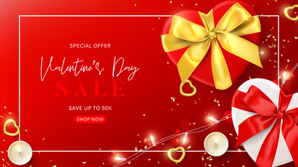 Obraz na płótnie Canvas Web banner for Valentine's Day sale. Vector illustration with realistic gift boxes, candles, sparklink light garland, gold hearts and confetti on red background. Promo discount banner.