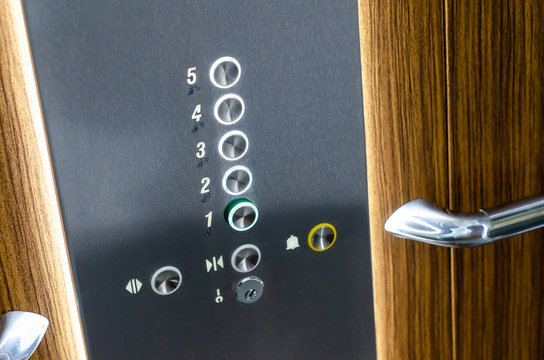 Close-up of elevator buttons panel inside the elevator.