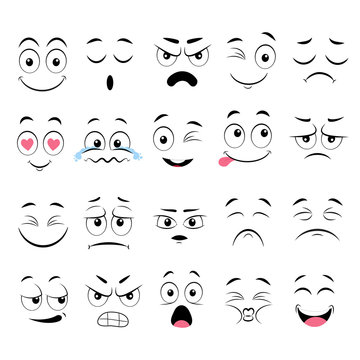 Cartoon faces. Expressive eyes and mouth, smiling, crying and surprised character face expressions. Caricature comic emotions or emoticon doodle. Isolated vector illustration icons set